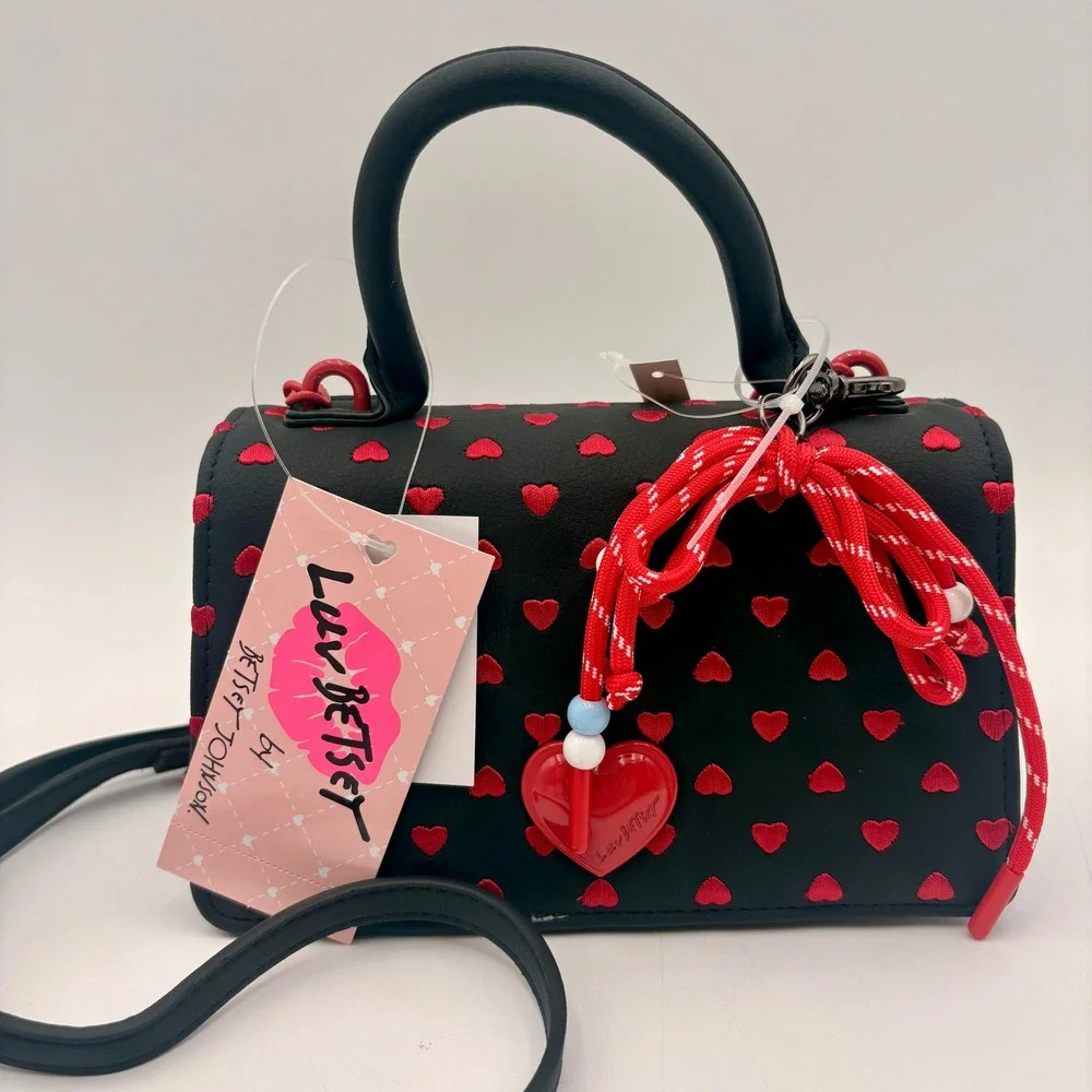 Betsey Johnson Black Red Hearts Mini Top Handle Crossbody Valentine Bag Purse
